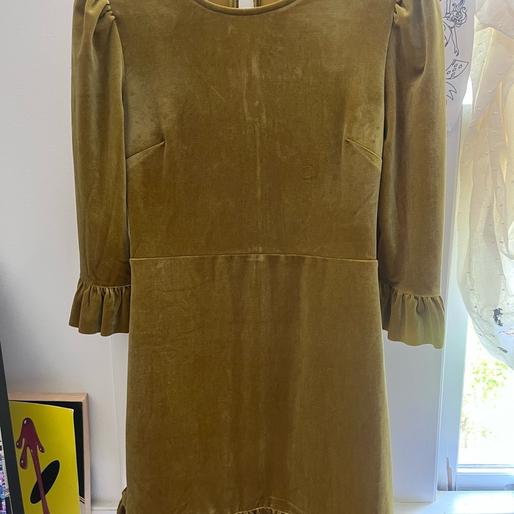 Olive Green Velvet Dress with Ruffled Sleeves